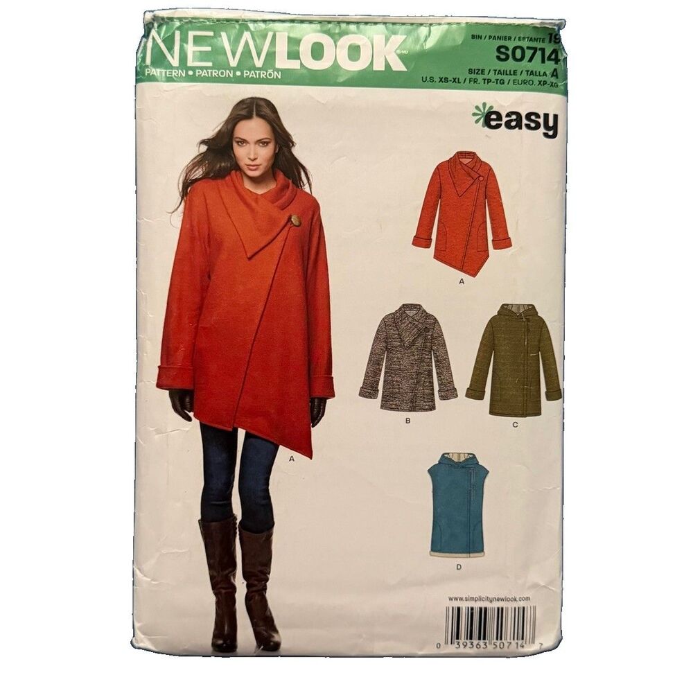New Look S0714 Sewing Pattern Easy Asymmetrical Wrap Jacket Coat Vest XS-XL